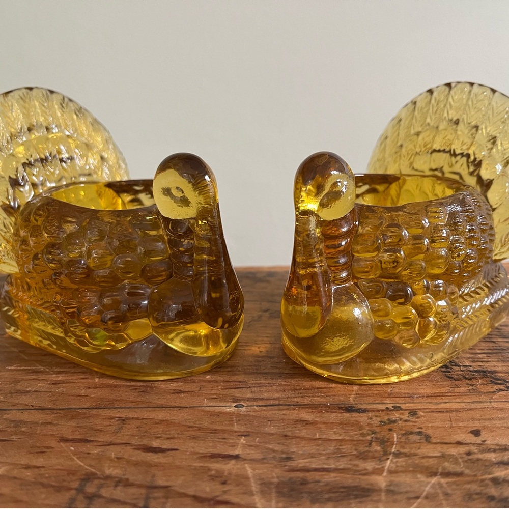 Pair of Biedermann Glass Turkey votive candle Holders Thanksgiving Decor Amber